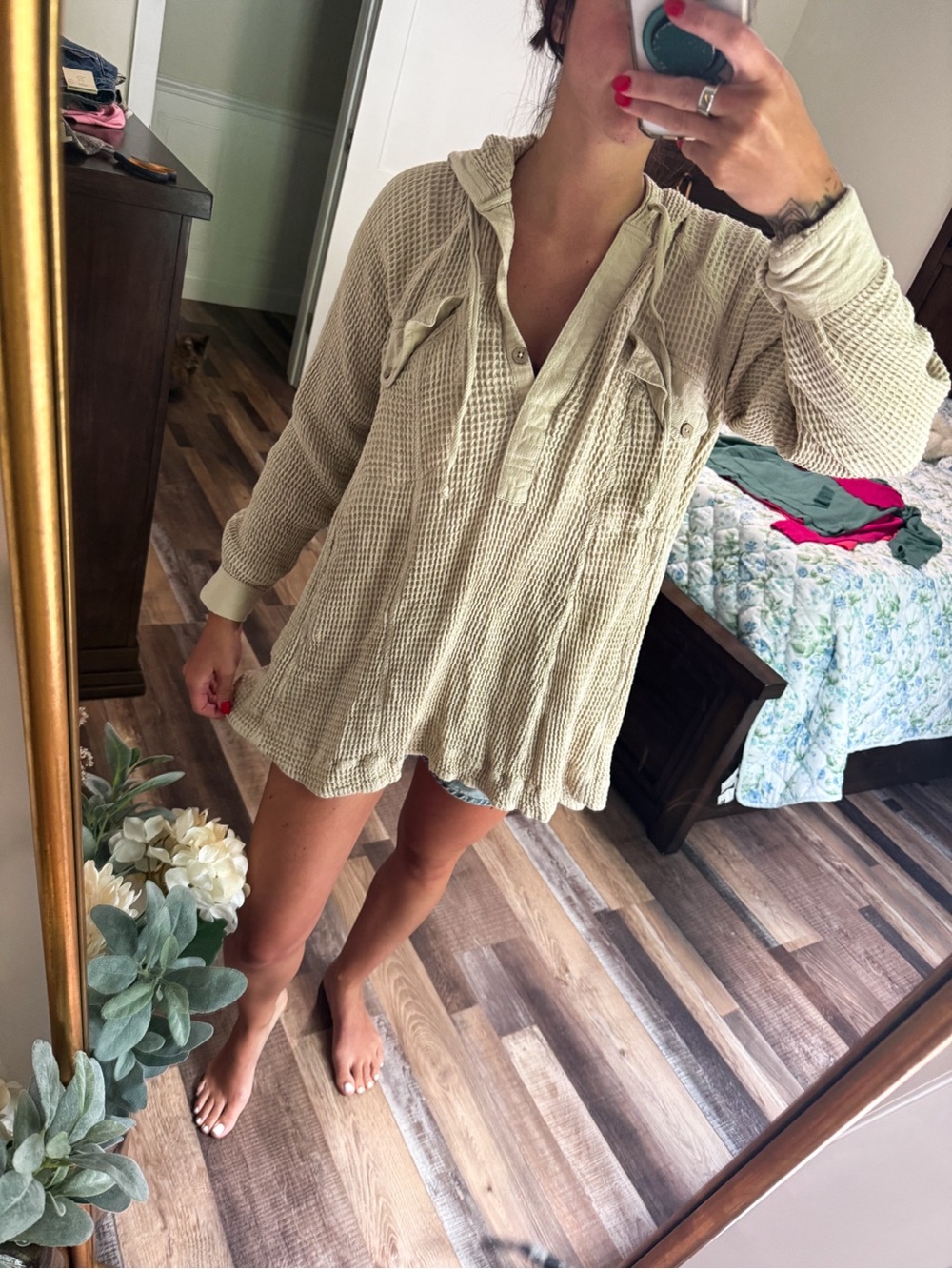 Free People Cream Waffle Knit Hooded Tunic